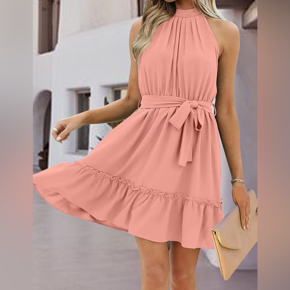 Pink Halter Tie Front Backless Sundress